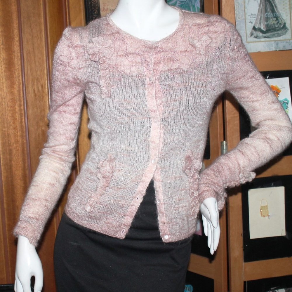Shin Choi Italian Mohair Blend Applique Ruffle Knit Pink Ombre Cardigan Sweater